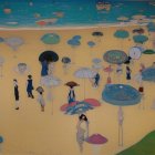 Elegantly dressed people with parasols on a beach painting.