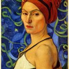 Portrait of woman with red headscarf against starry night background