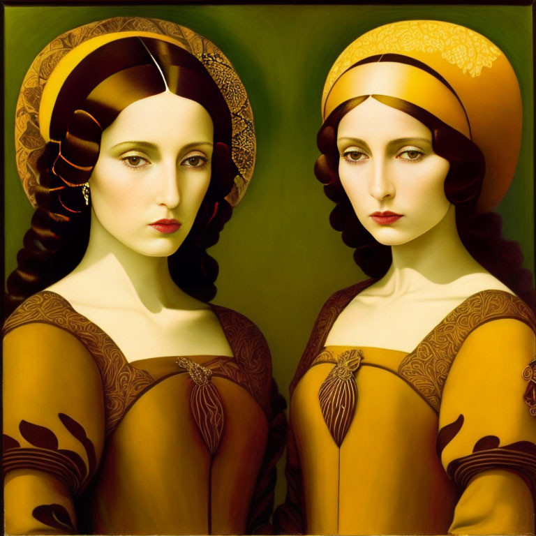 Symmetrical women in vintage yellow dresses and headdresses with decorative patterns