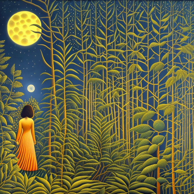 Woman in Orange Dress Stands in Stylized Forest with Textured Moon