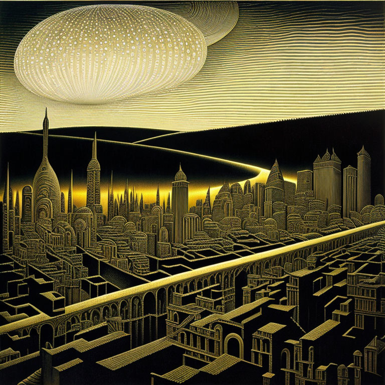 Detailed black and gold futuristic cityscape with cosmic sky and glowing celestial body