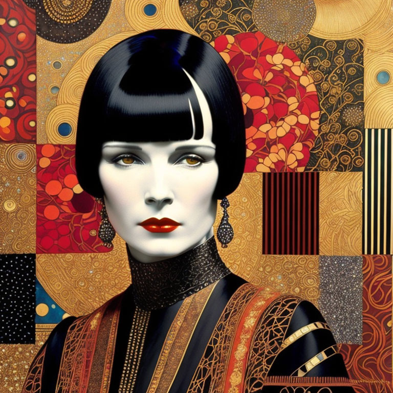 Stylized woman with bob haircut and bold makeup against ornate background