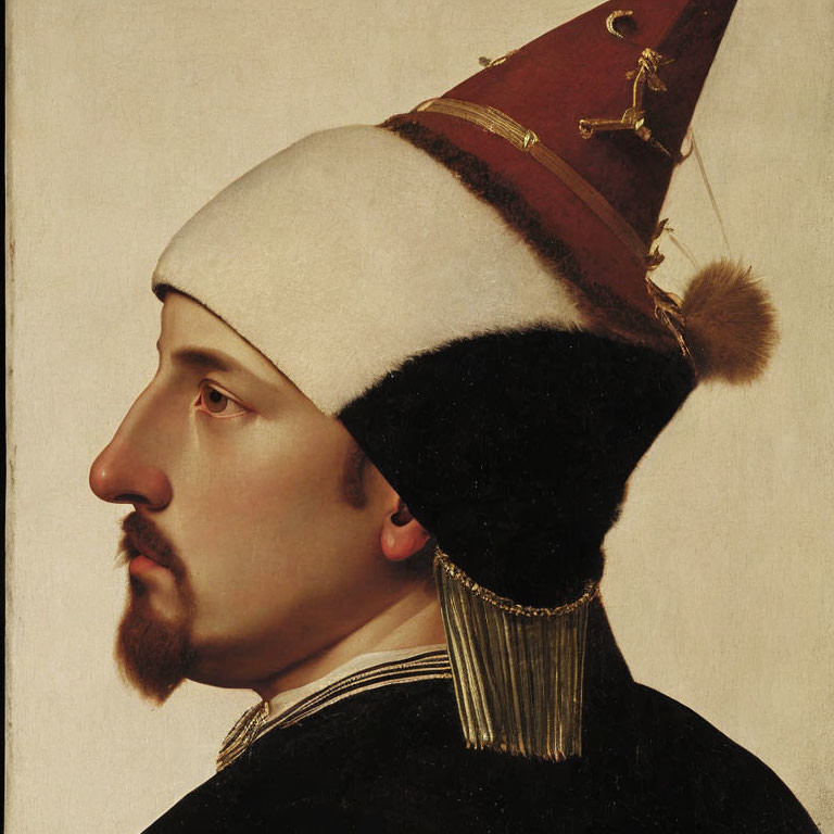 Detailed Profile Portrait of Man in Distinctive Fur-Trimmed Hat