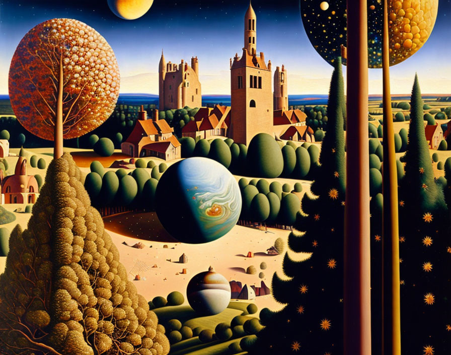 Surreal landscape with stylized trees, globes, castle, and celestial bodies