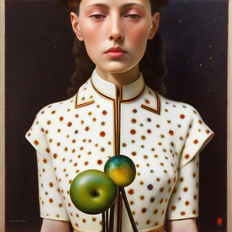 Surreal portrait of woman with planets on strings & dotted blouse