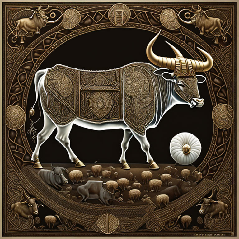 Detailed Golden Bull Illustration with Ornate Patterns on Dark Background