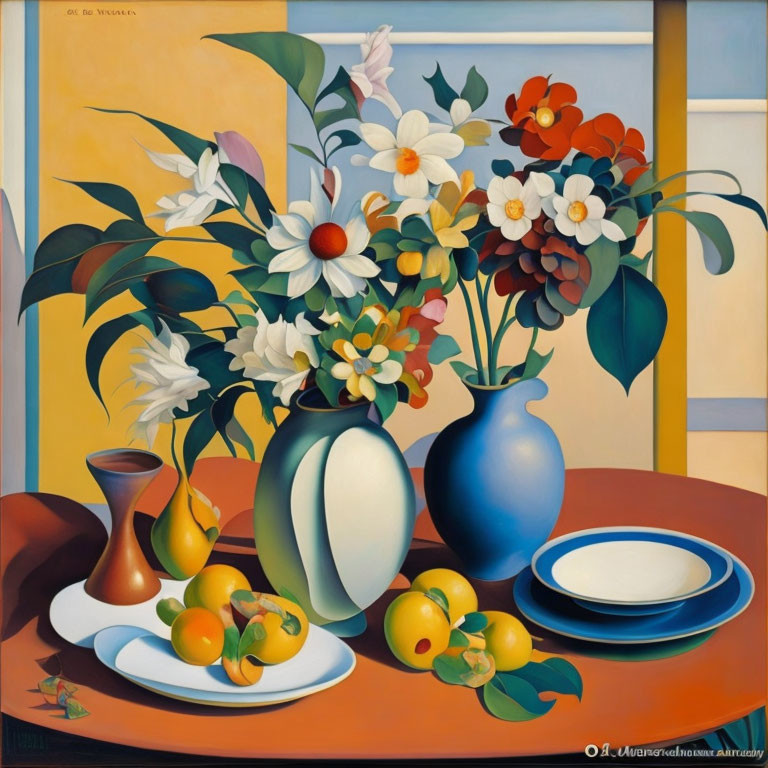 Vibrant bouquet of flowers in blue vase with fruit and dishes on table