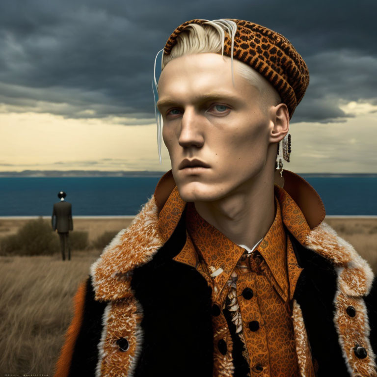 Blonde male figure with blue eyes in headscarf and fur coat by seaside