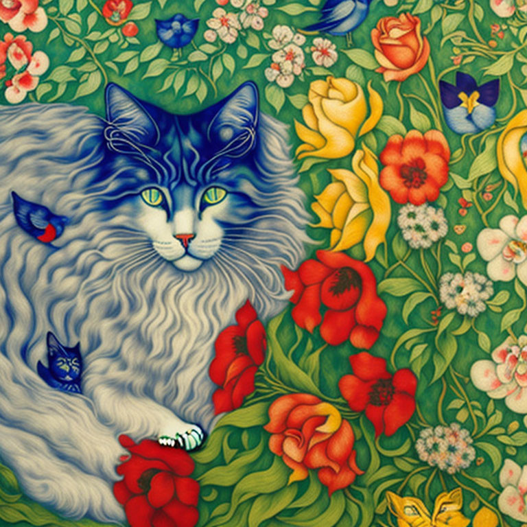 Fluffy Gray Cat Surrounded by Blooming Flowers and Butterflies