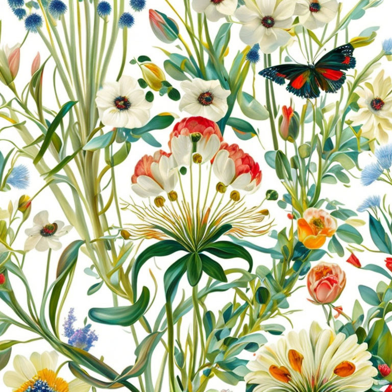 Colorful Floral Pattern with Butterfly and Green Foliage