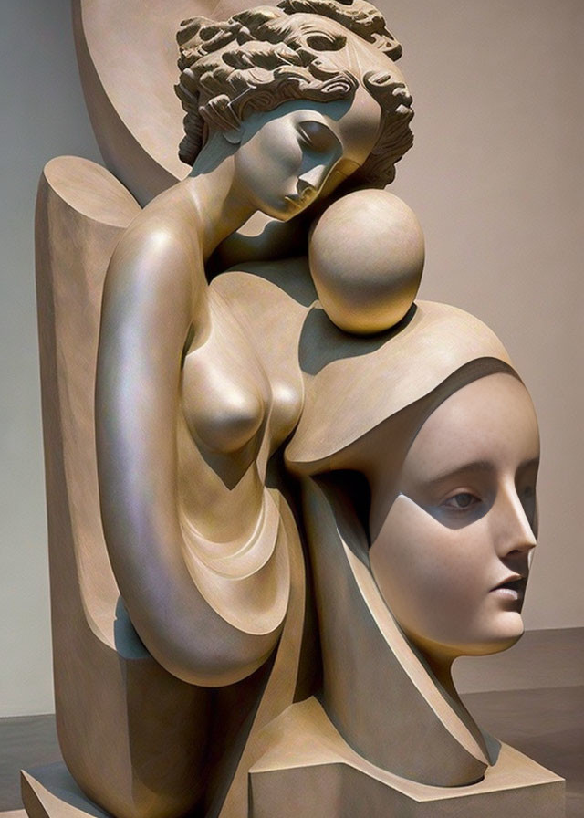 Sculpture of angelic figure embracing serene-faced woman