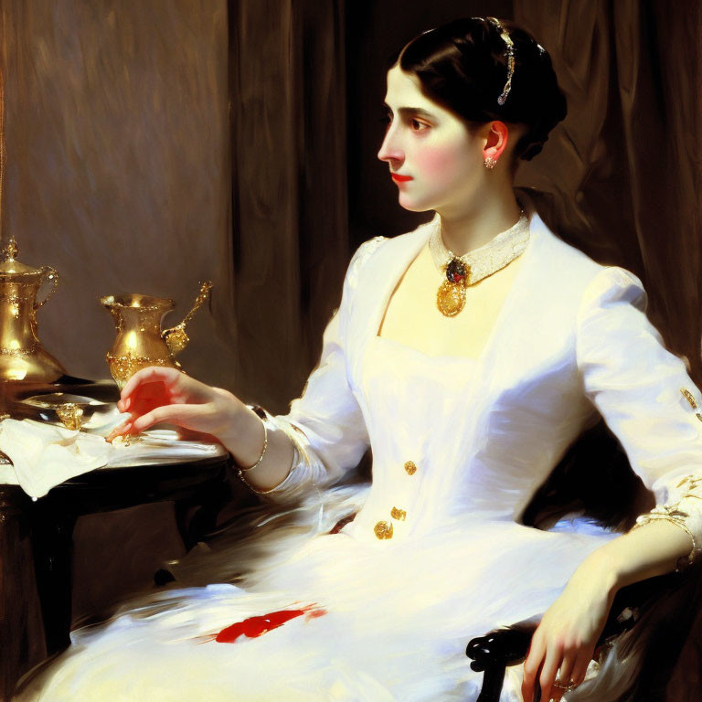 Portrait of elegant woman in white dress with spilled inkpot, holding letter.