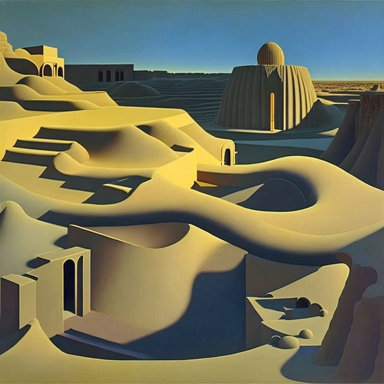 Stylized surreal desert landscape with sand dunes, architectural structures, clear sky