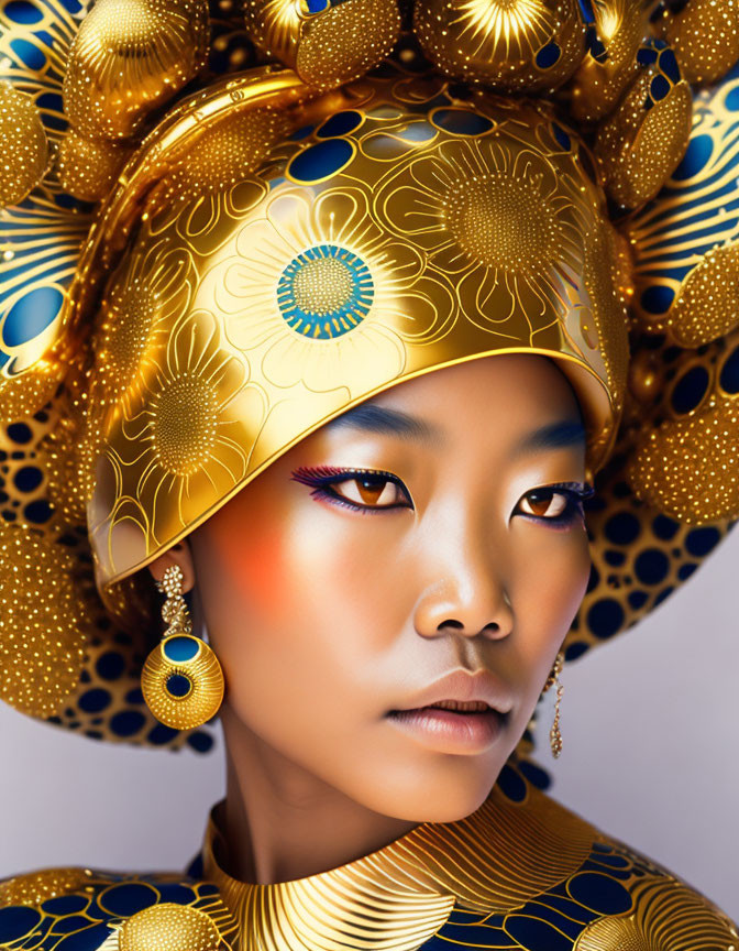 Portrait of a person with golden headgear and earrings, central blue gem, intricate patterns, on golden