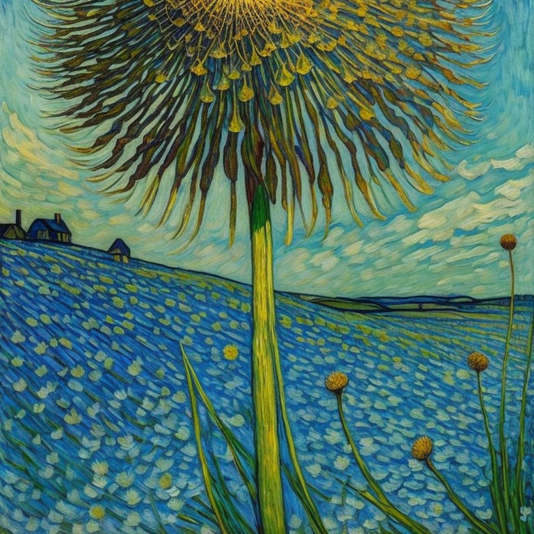 Stylized painting: Towering dandelion in Van Gogh-inspired landscape