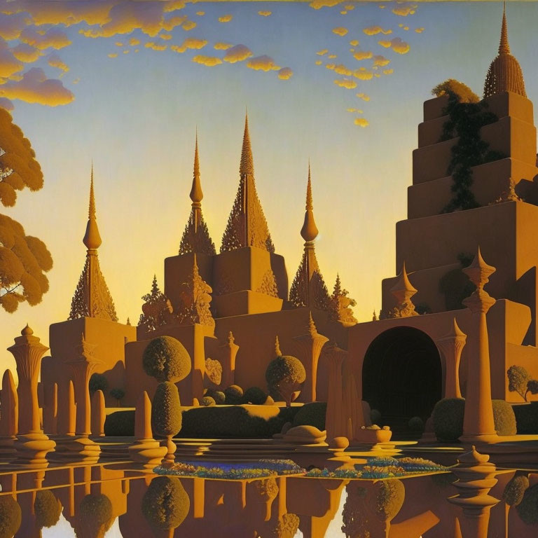 Surreal landscape with golden spires, reflective water, stylized trees, and warm sky