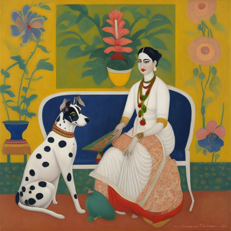 Traditional Attire Woman with Dalmatian on Bench in Vibrant Setting