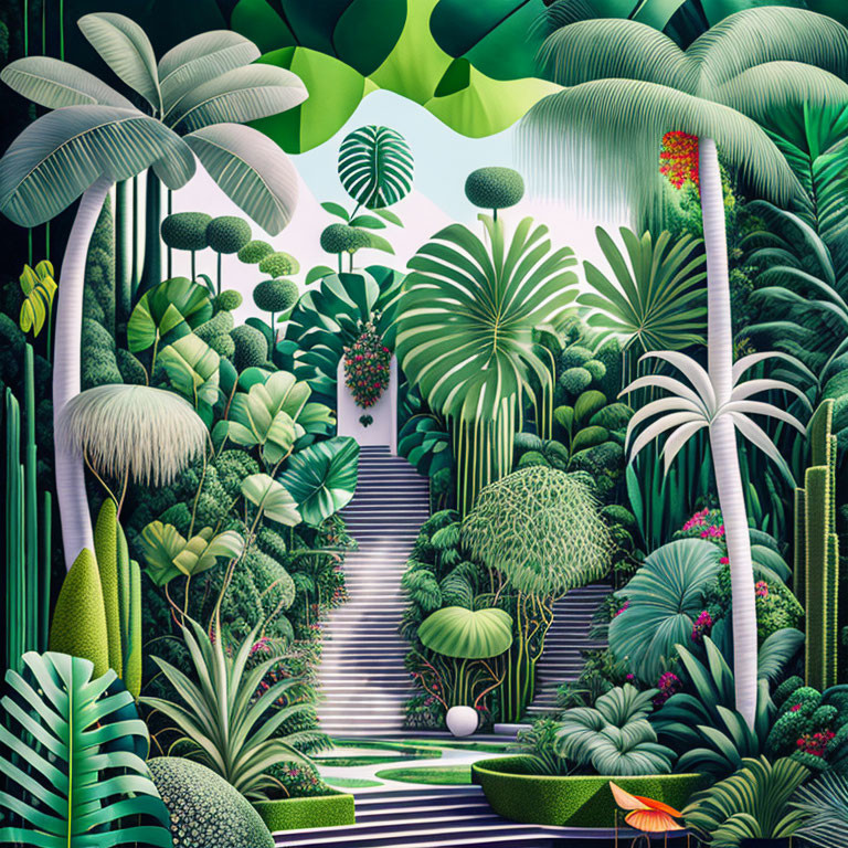 Vibrant jungle scene with green plants and winding staircase