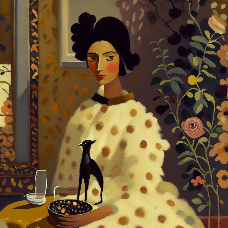 Stylized woman in polka-dot dress with bird figurine and fruit bowl.