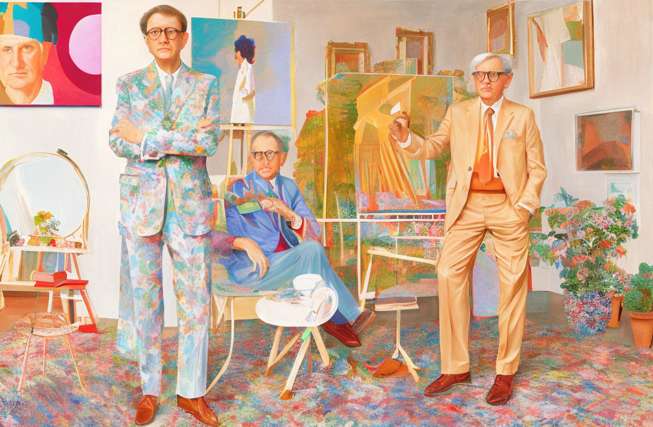 Vibrant painting featuring two men in an art-filled room