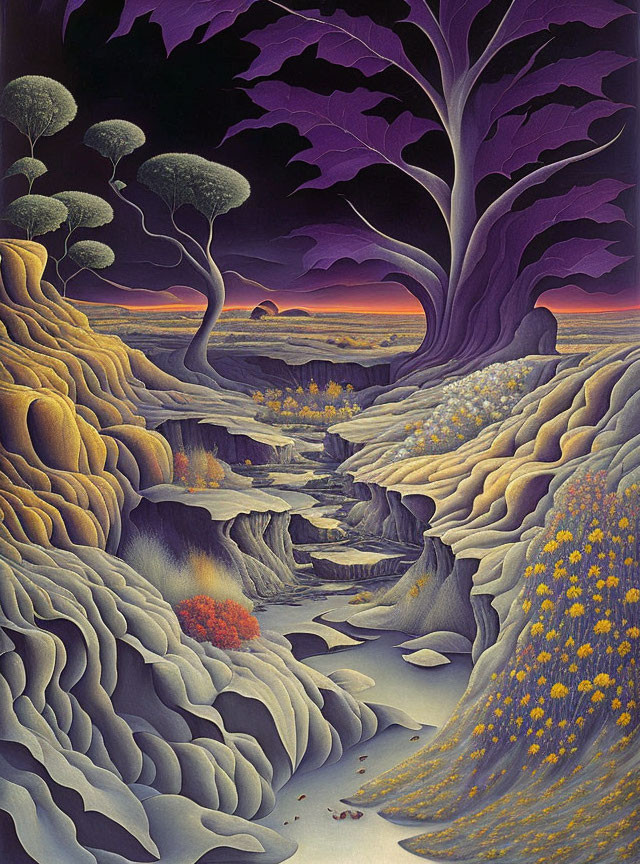 Vibrant purple tree in fantastical landscape painting