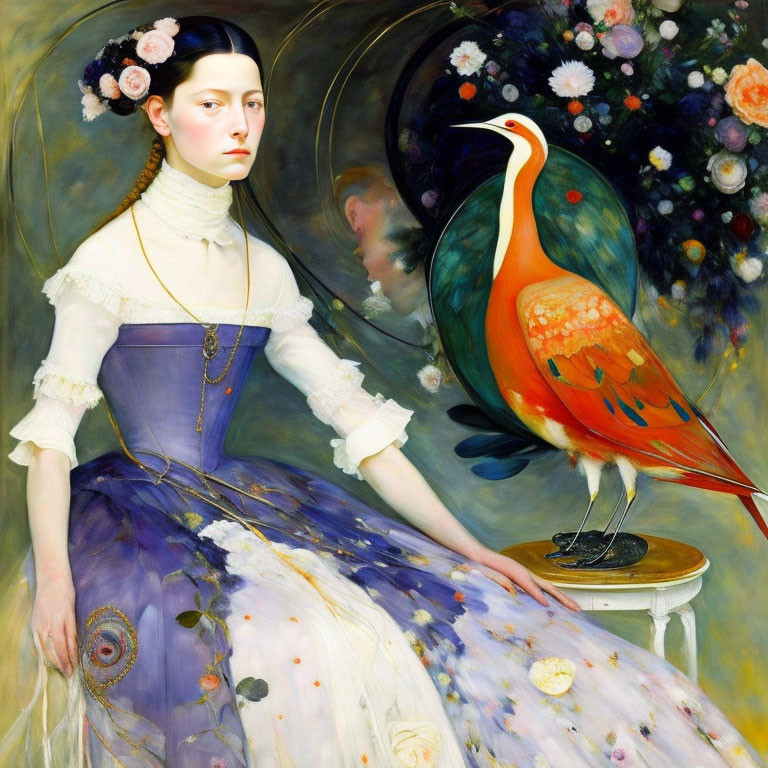 Victorian woman portrait with bird, lush flowers, and peacock feather motif