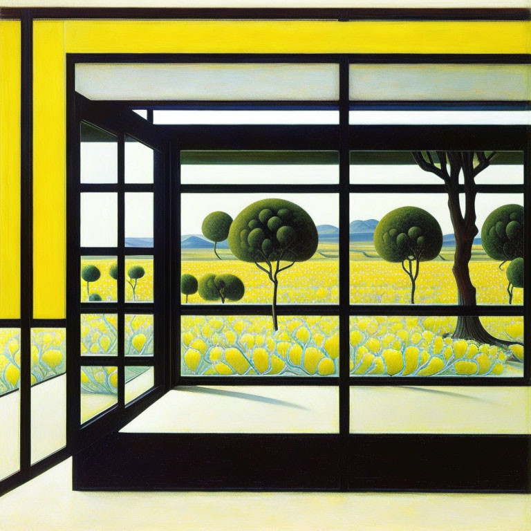 Stylized painting of room with large windows and surreal garden view