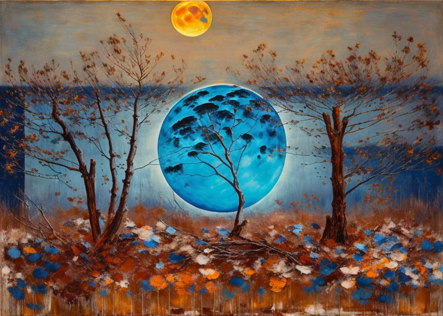 Surreal painting of trees with blue and orange moons