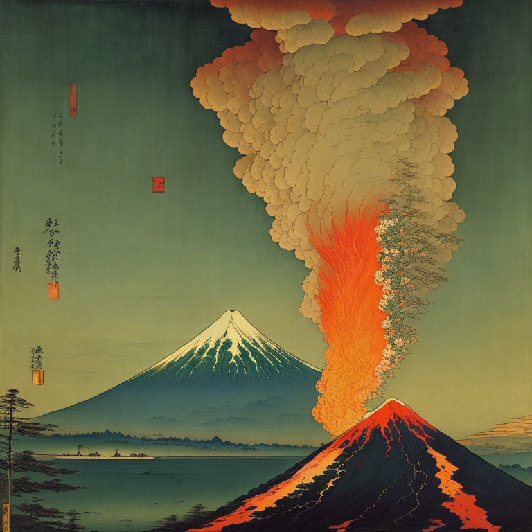 Japanese woodblock print: Mount Fuji eruption in ukiyo-e style