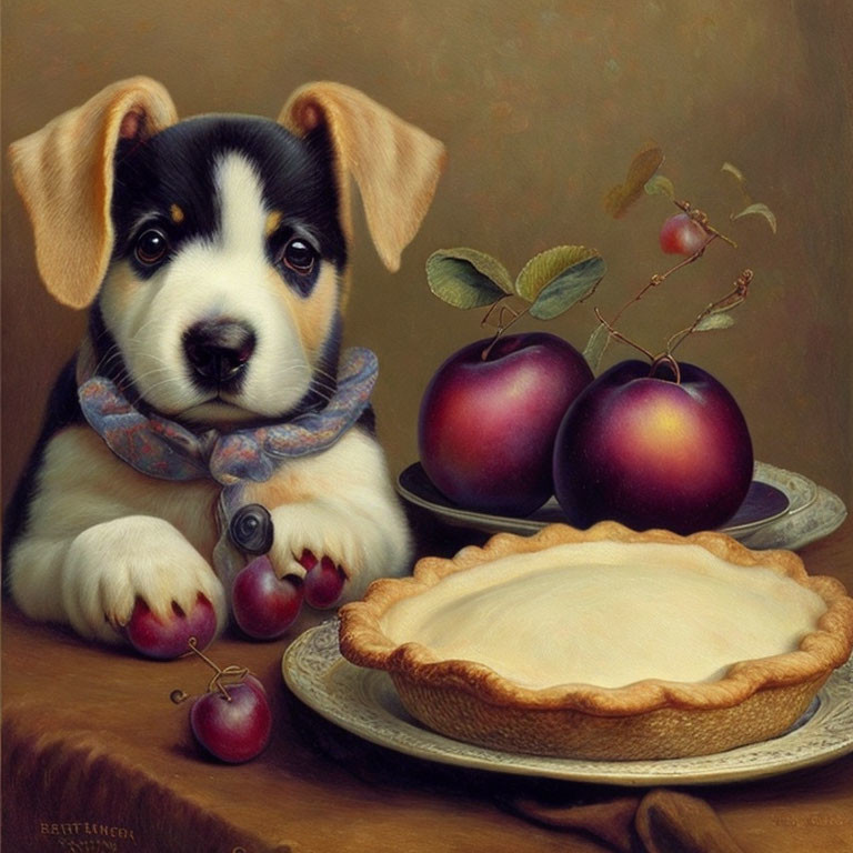 Adorable puppy with bow tie next to fruit and pie on table