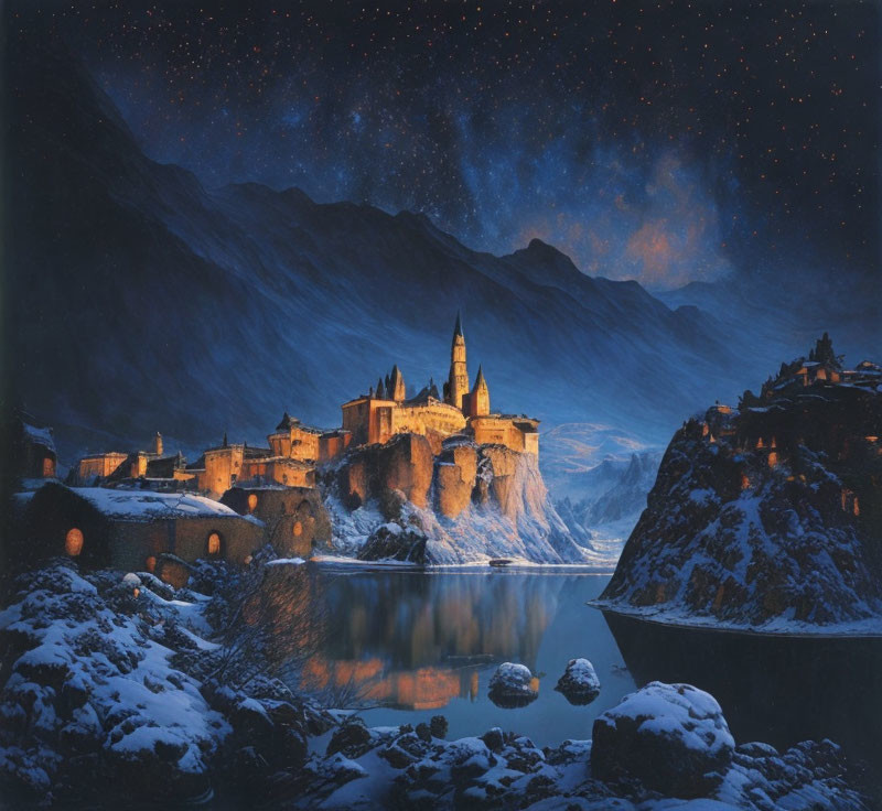 Medieval castle and village under starry night sky with snow.