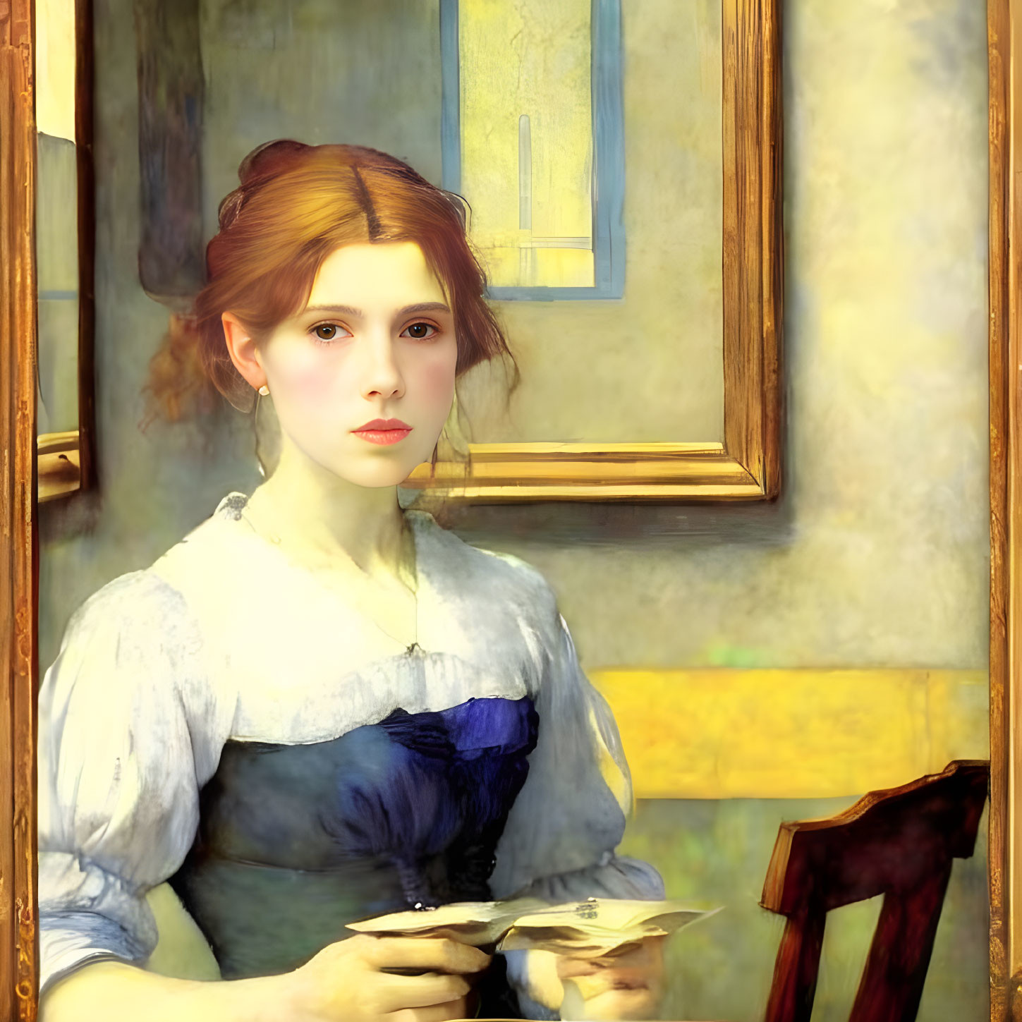 Portrait of a Woman with Auburn Hair Holding Letters by a Window