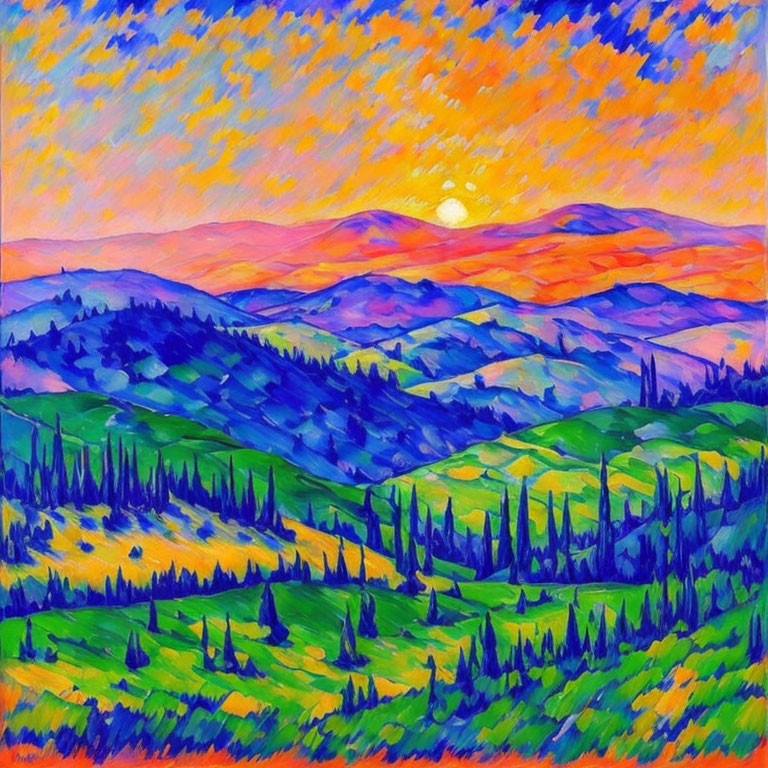 Colorful painting of layered hills under a sunset sky