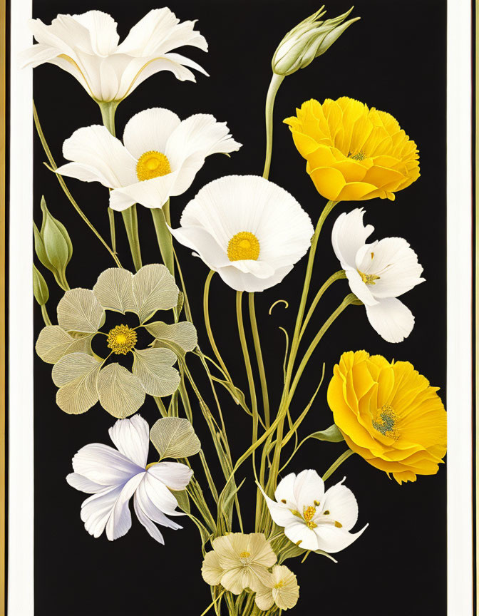 Colorful illustrated flowers with white, yellow, and purple petals on black background