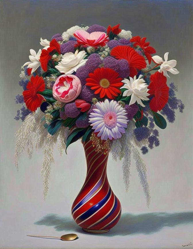 Assorted Flowers in Red and White Striped Vase with Gold Spoon