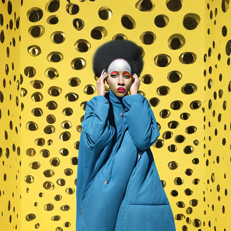 Vibrant portrait with bold makeup and afro on yellow backdrop