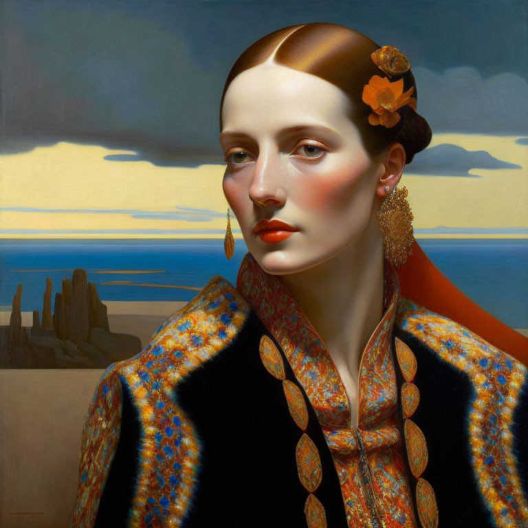 Portrait of woman with ornate earrings and floral hair accessory in seascape.