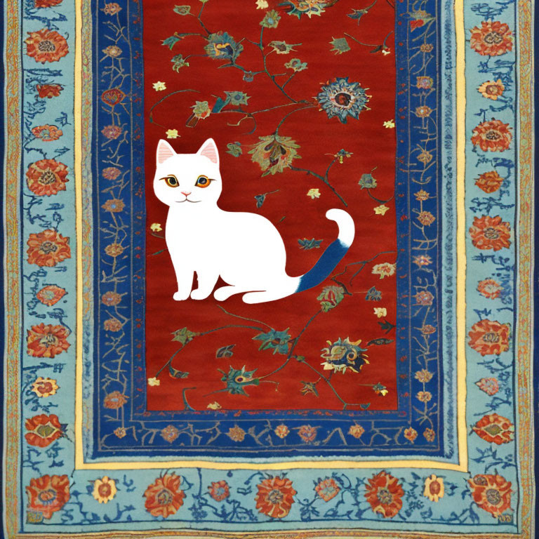 White Cat on Red Oriental Rug with Blue and Floral Borders