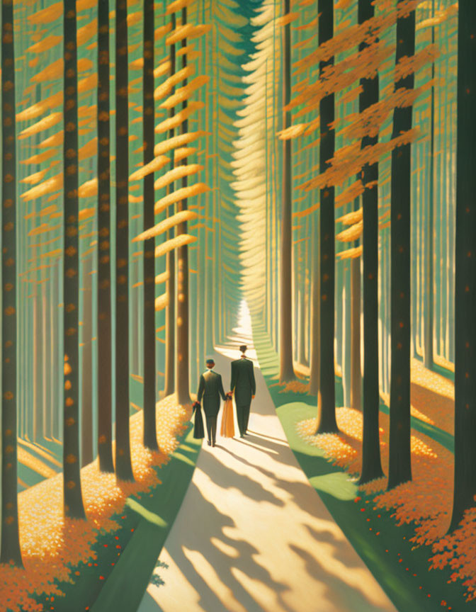 Forest path with two people walking under tall trees