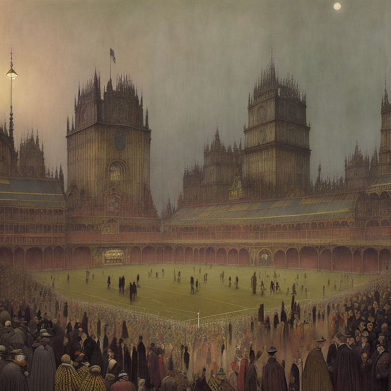 Vintage-style painting of crowded stadium with football match and gothic architecture under misty twilight sky.