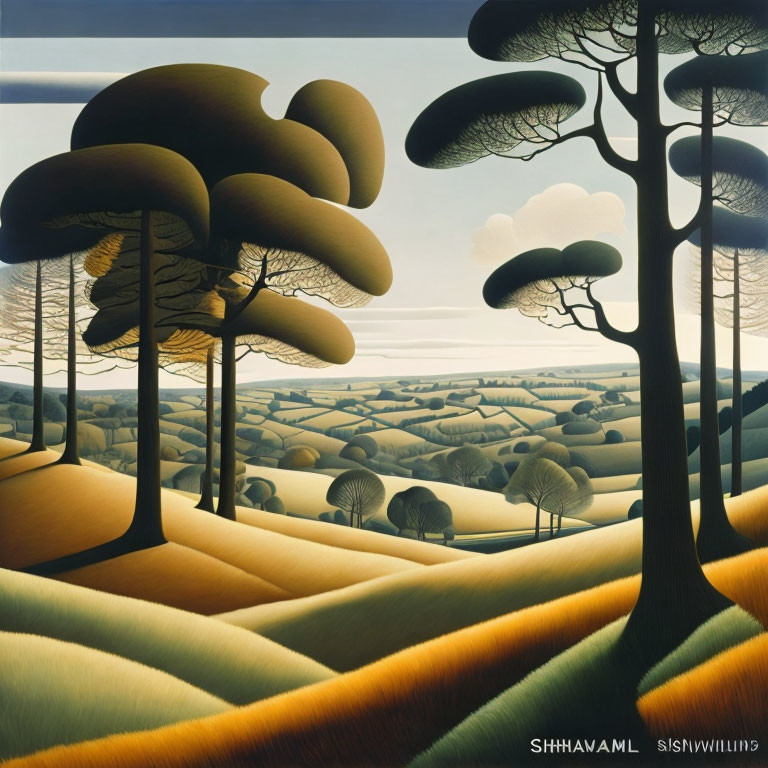 Surreal landscape painting: rounded trees on rolling hills in green and yellow hues