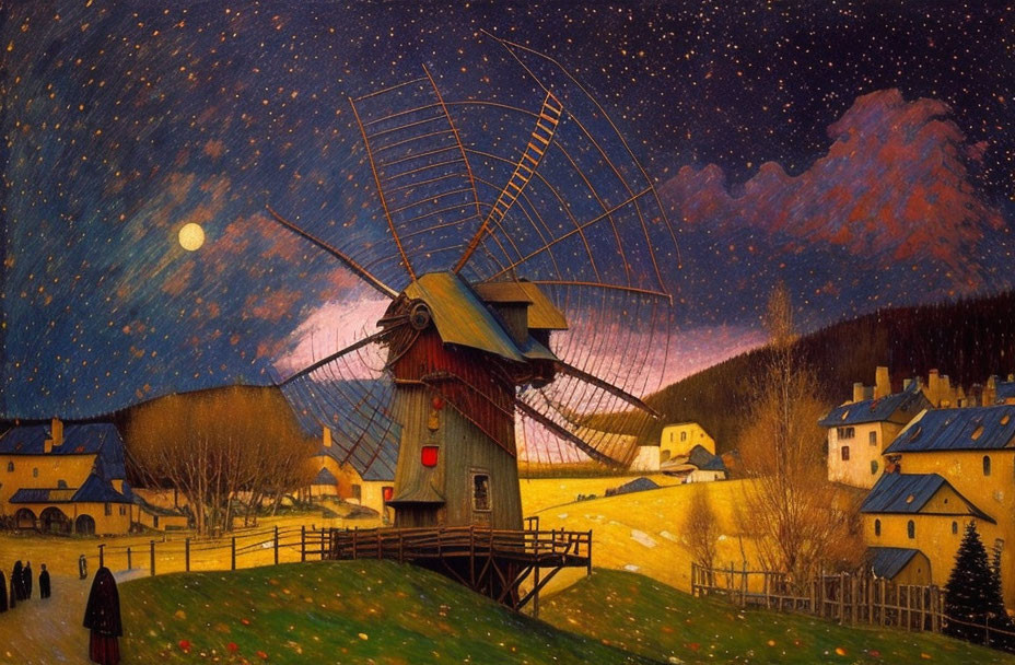 Rustic village with windmill, cottages, figure under moonlit sky