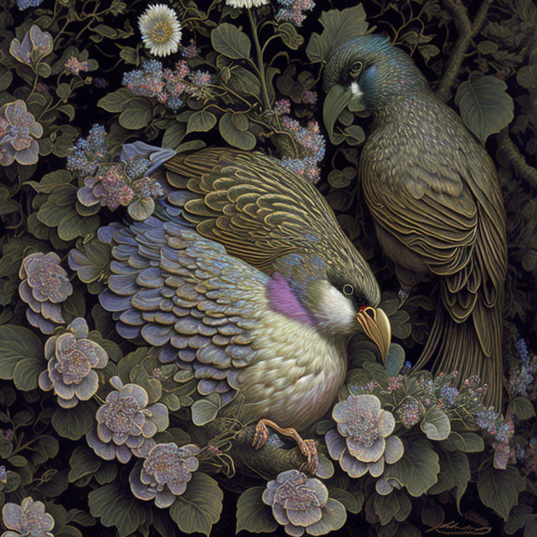 Exotic birds in lush foliage with purple and green flowers