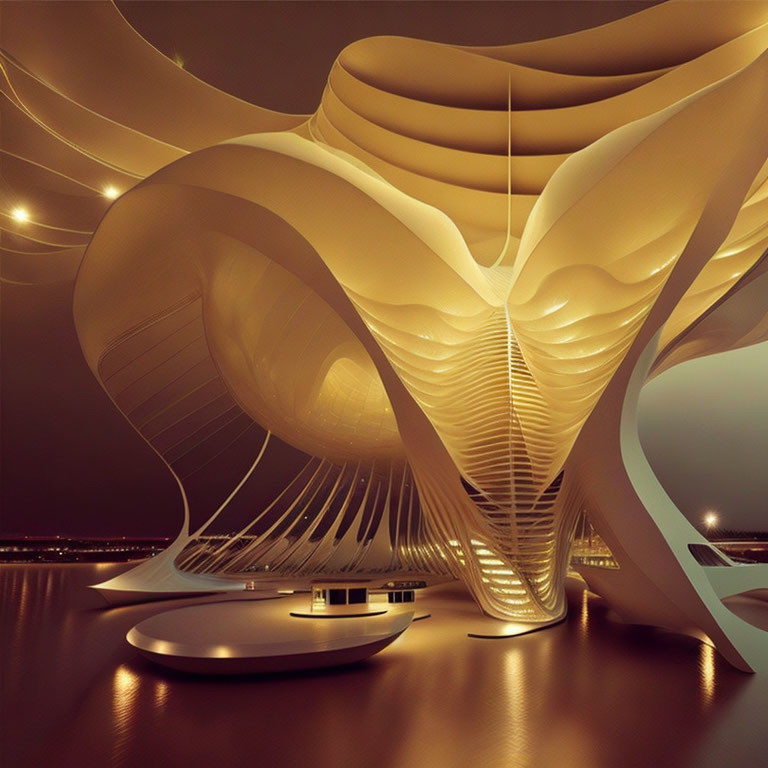 Modern curvaceous building with warm lighting by water at dusk