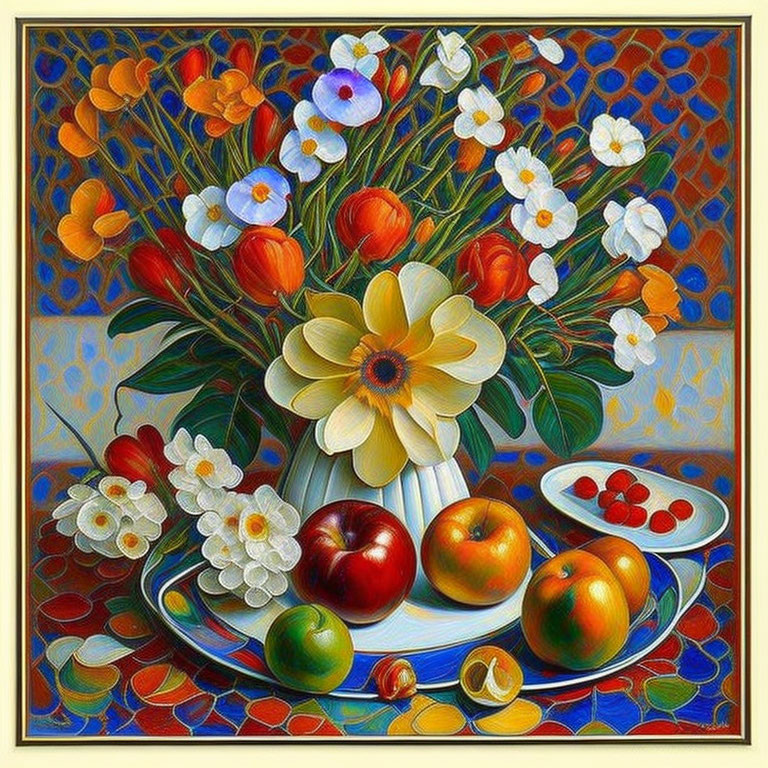 Colorful Still Life Painting: Flowers in Vase with Fruits