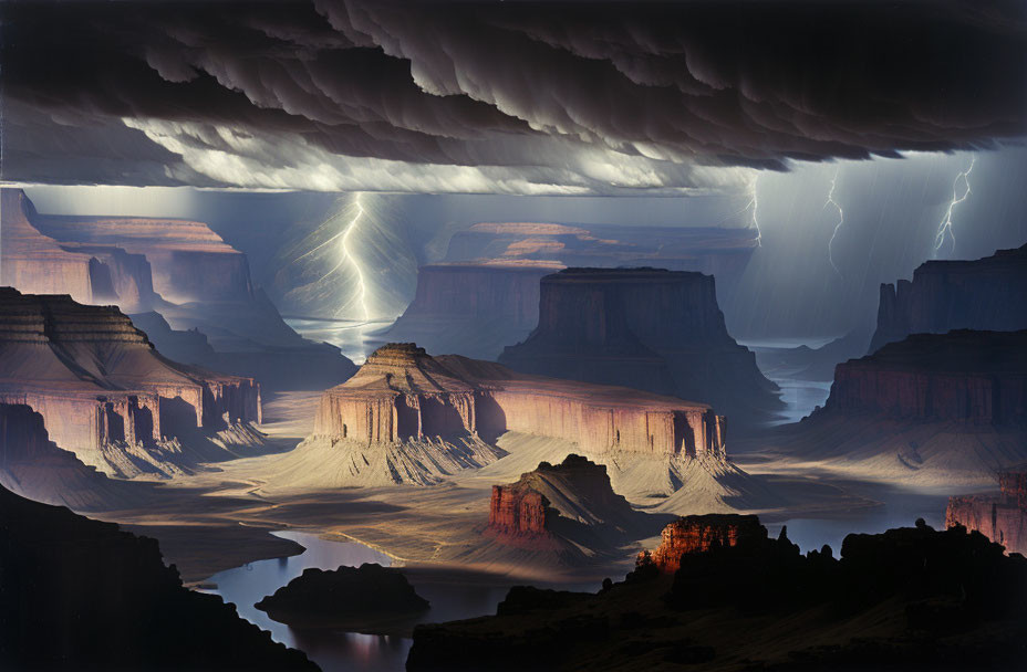 Dramatic landscape with towering mesas under stormy sky