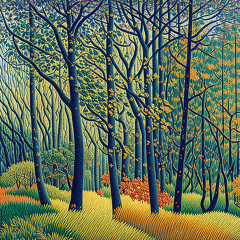 Colorful forest painting with blue and green foliage and bursts of yellow and orange leaves