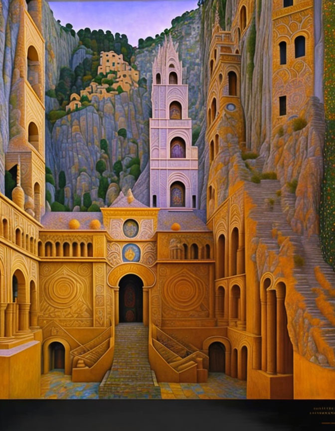 Surreal painting of intricate building against cliff backdrop