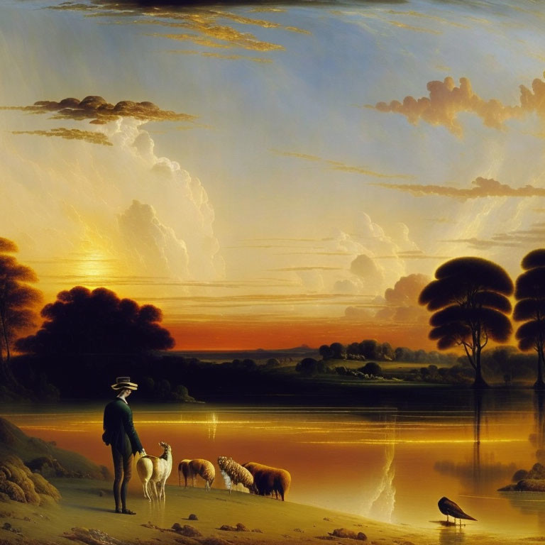 Pastoral sunset landscape with shepherd, sheep, river, and dramatic sky