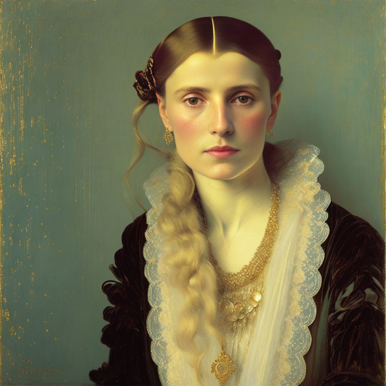 Portrait of young woman with center-parted hair, braided hairstyle, black dress, white lace collar